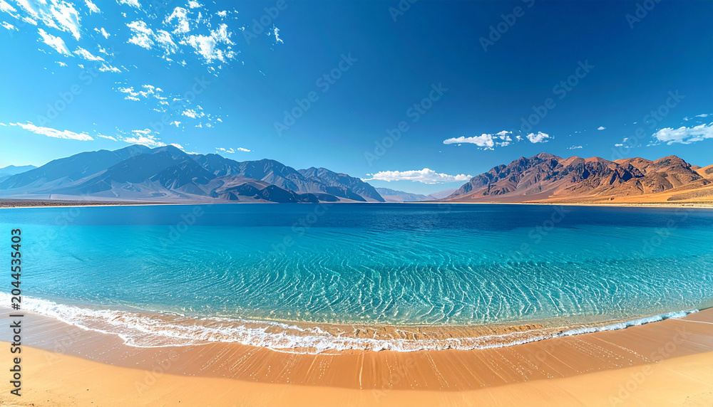 Naklejka premium Calm blue lake meeting sandy shoreline aerial natural division