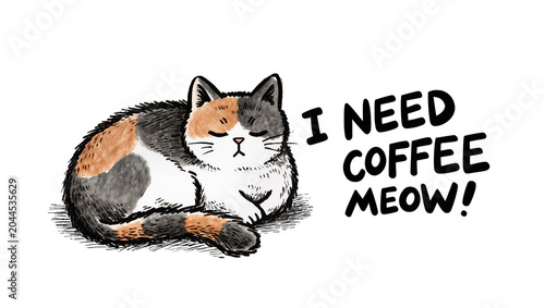 Foto Calico cat sleeping with text I need coffee meow