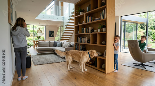Family and dog in modern living room with wooden floor and large windows