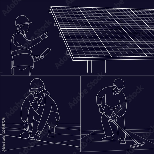 Solar Panel Inspection, Installation and Maintenance, Solar Panel Technicians Working on Renewable Energy Project