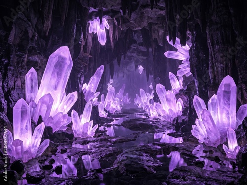 Glowing crystal cavern with giant translucent purple formations and reflective cave floor in cinematic atmosphere