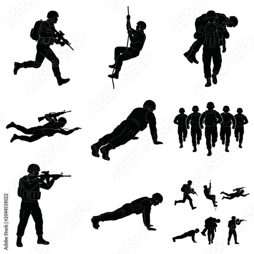 Military Soldier Physical Training and Combat Conditioning Silhouettes