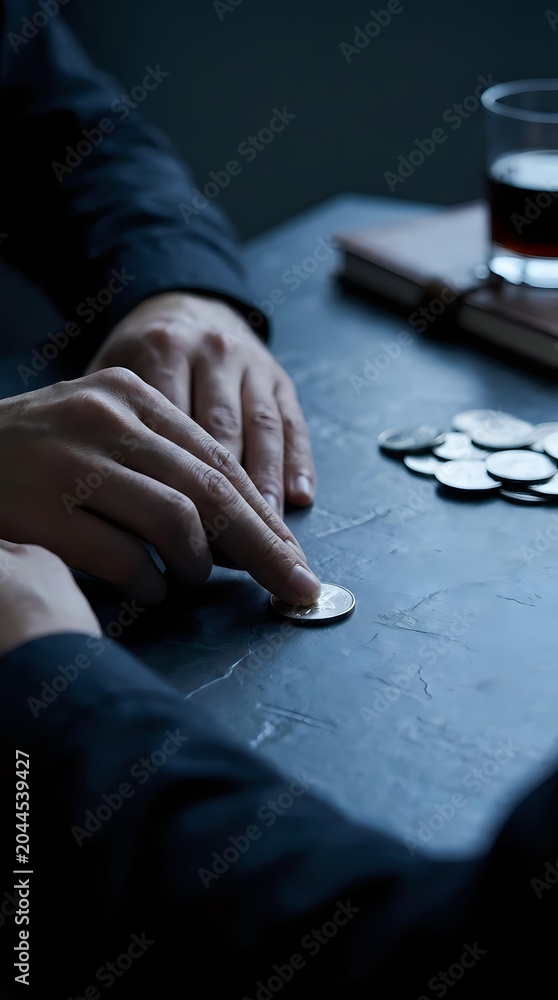 Fototapeta premium Businessman in dark suit arranging coins on table with glass of water and notebook, representing financial planning, investment strategy, and business decision-making.