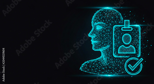 Digital human profile with identity card icon and verification check mark shown on transparent background