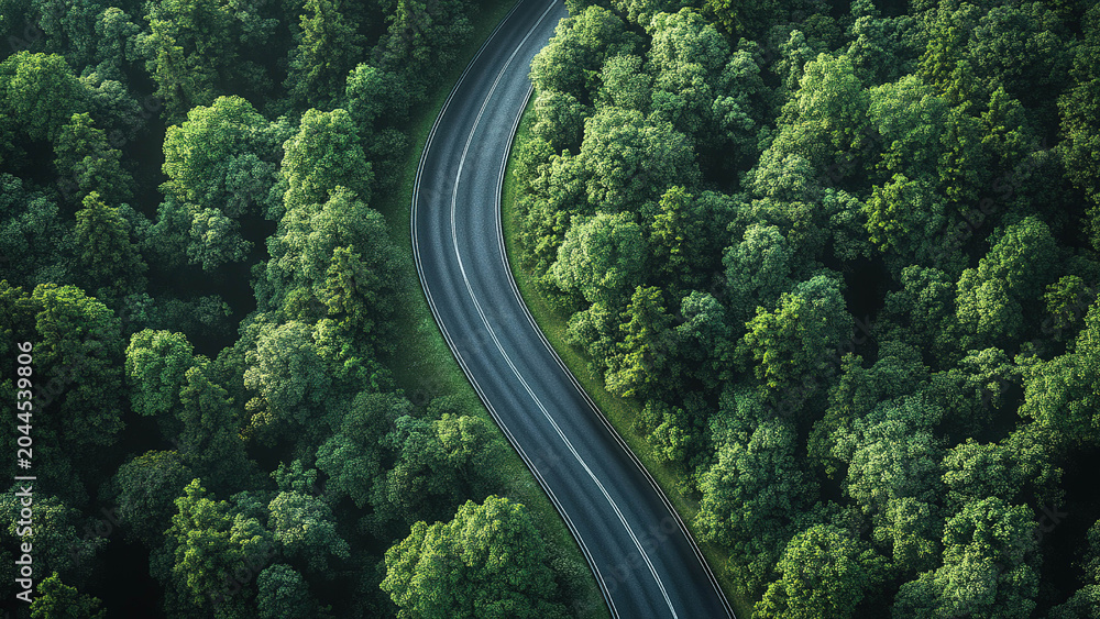Fototapeta premium road in the middle of green forest trees background, highway