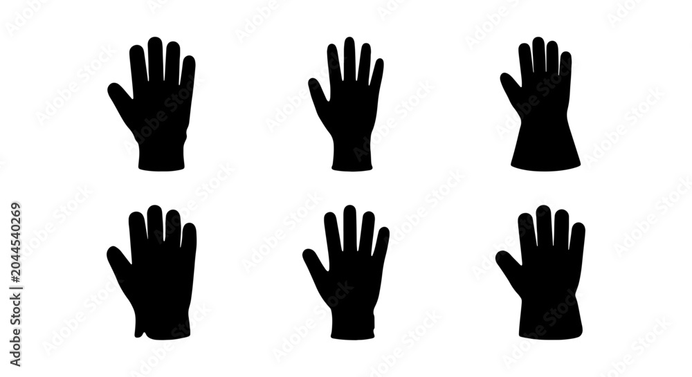 Obraz premium Six Black Silhouette Gloves, Hand Protection Icons, Safety Wear Vector Set