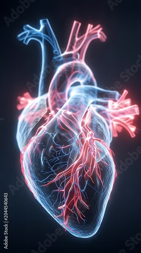 Human heart anatomy in blue medical X-ray style illustration showing science biology and healthcare concepts.