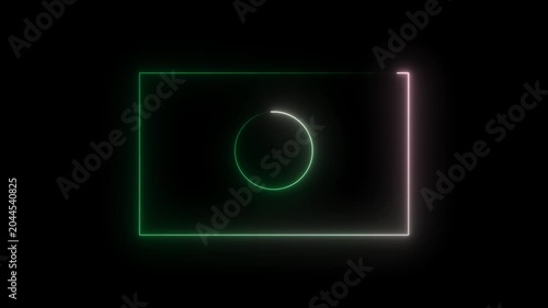 Multi-colored neon glowing rectangle frame with central loading circle