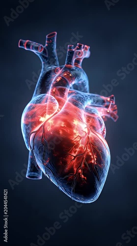Human heart with medical X-ray style blue anatomical illustration showing Body condition and health concept.