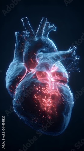 Human heart with medical X-ray style blue anatomical illustration showing Body condition and health concept.