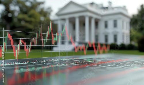 A stock market graph with an American flag and the White House in the background, representing US financial trends, Generative AI