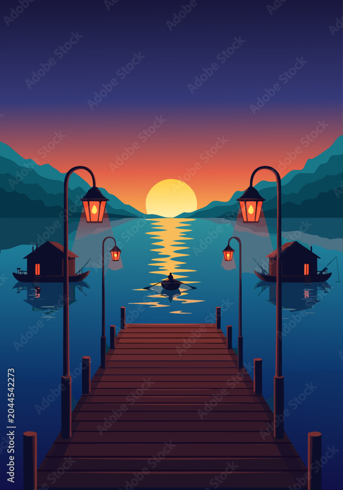 Obraz premium Serene lake at sunset vector illustration with a wooden pier and distant boats, showcasing a tranquil natural landscape