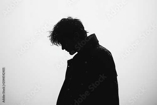 Silhouette of a man, front view, against a white background, with no face visible, Generative AI