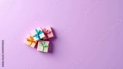 Colorful Gift Boxes with Ribbons on a Purple Background.