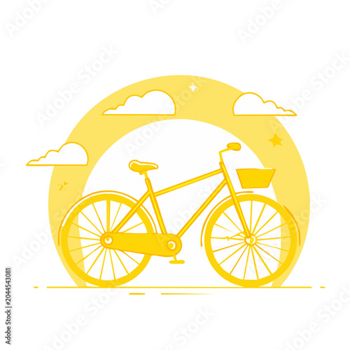 Yellow bicycle illustration with clouds and sun