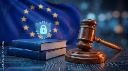 Legal framework europe concept with EU flag gavel books digital security shield signifying data privacy protection cybersecurity legislation rules.