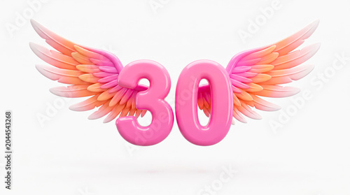 Pink Number 30 with Angel Wings – 3D Glossy Birthday Celebration, Anniversary Milestone, Festive Party Decoration Isolated on White Background
