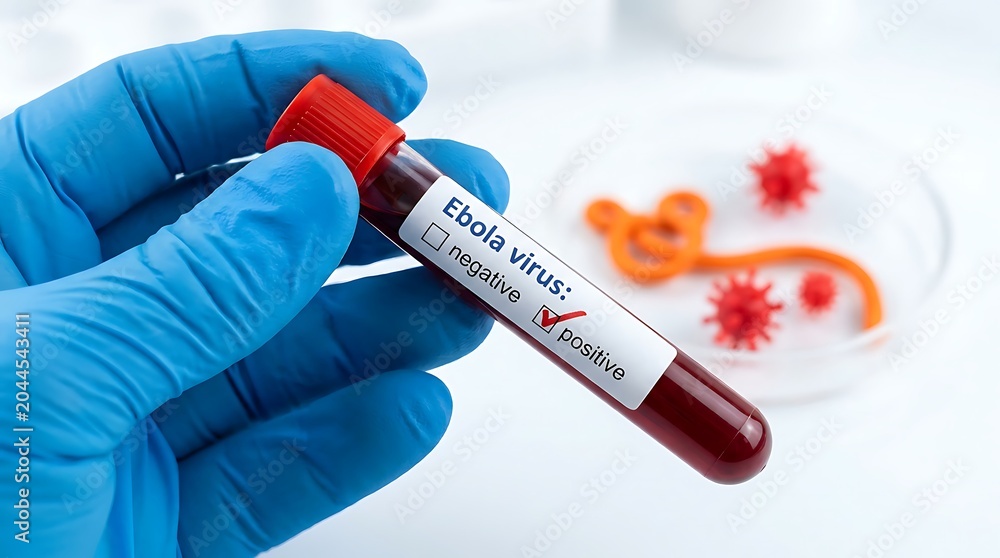 Obraz premium Medical professional wearing blue rubber gloves holding test tube filled with blood sample indicating positive ebola virus infection in laboratory testing environment.