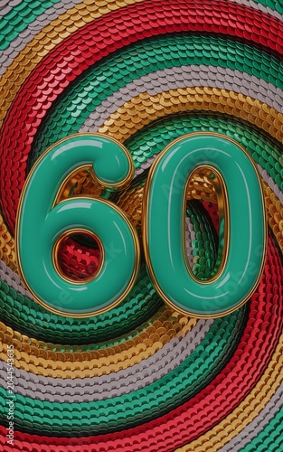 3 d rendered number 60 in teal glossy plastic on a circular sequin background