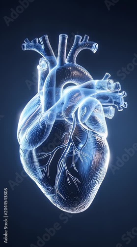Human heart anatomy in blue medical X-ray style illustration showing science biology and healthcare concepts.