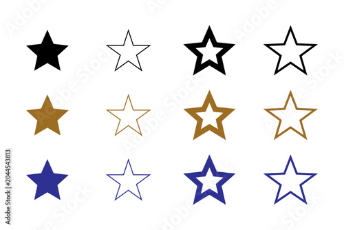 Star icons set line and solid shapes in black gold blue
