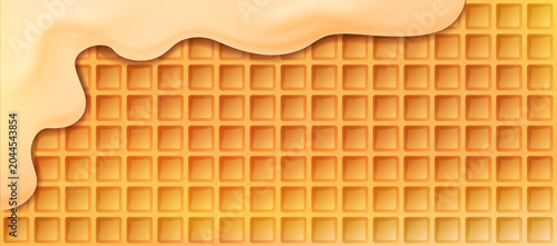 Wafer texture background with chocolate icing and flowing sweet drips over crunchy waffle biscuit surface.