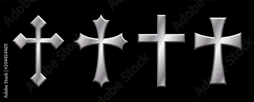 Cross vector shape collection symbol. Shining metal silver illustration. Artistic crosses. Christianity sign set. Christian religion icon. Jewelry design logo. Gothic crusade crucifix.