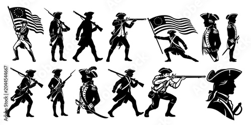 Foto 1776 American Revolutionary War Soldier Black Silhouette Vector Isolated on Whit