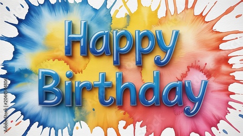 Happy birthday text with blue 3 d letters on a colorful watercolor splatter background