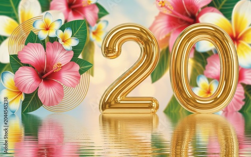 Golden number 20 balloons with tropical hibiscus and plumeria flowers