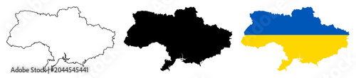 Konstfotografi Ukraine Map Silhouettes with National Flag and Country Outline, Geographic Terri