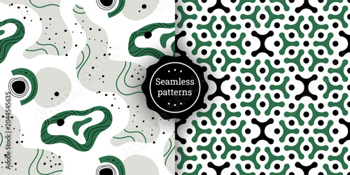 Set of seamless patterns with organic shapes, flowing lines, and geometric elements. Abstract backgrounds in green and black tones. Vector backgrounds for packaging, textiles, branding, and decor. 