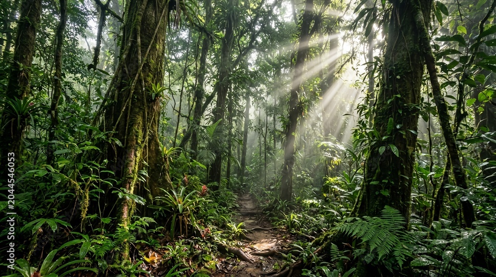 Obraz premium A serene rainforest path bathed in golden sunbeams. Lush jungle landscape with ancient trees, evoking profound natural beauty