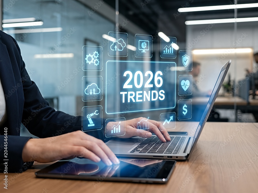 Fototapeta premium Professional examines 2026 digital trends icons on laptop in modern office setting.