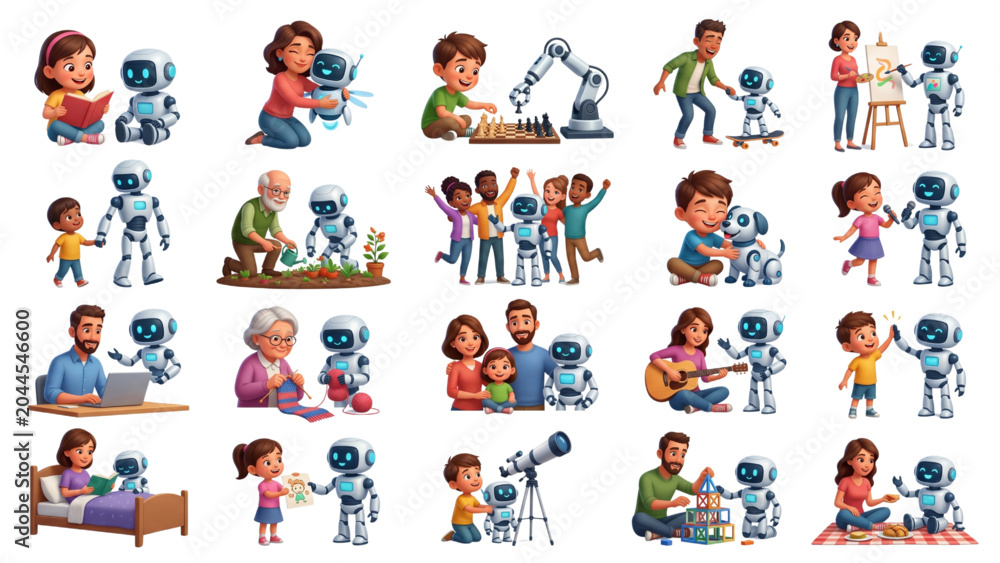 Fototapeta premium Human Bonding with Artificial Intelligence Concept Collection, Human–AI Emotional Connection and Future Interaction Themes Vector Illustration Set, Isolated White Background