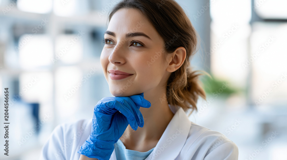 Fototapeta premium A European young woman scientist viewed from the side stands softly with confidence in a bright laboratory wearing calm blue gloves in soft daylight scientist confidence