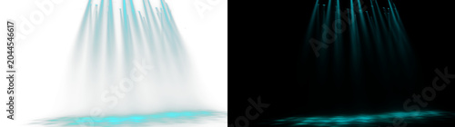 Turquoise spotlight beams with elegant concert lighting effect on split background with transparent PNG and dark side.