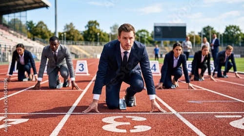 Business professionals at starting line ready to race competition concept