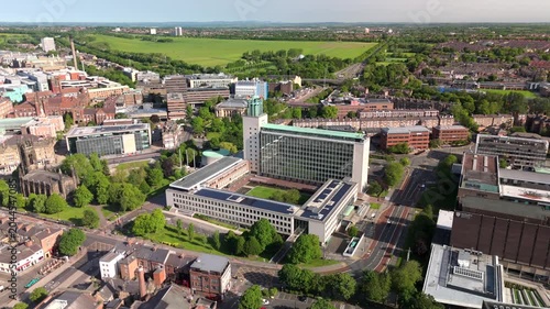 Drone footage city of Newcastle upon Tyne displays a wide view of buildings and roads structured in the skyline near John Dobson Street