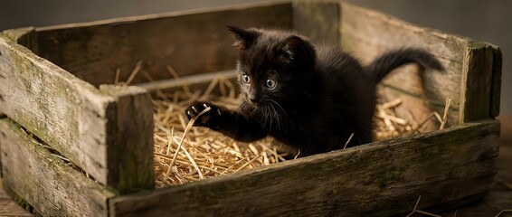 Curious black kitten climbing out of a rustic wooden crate filled with straw, capturing a playful and charming farm moment.