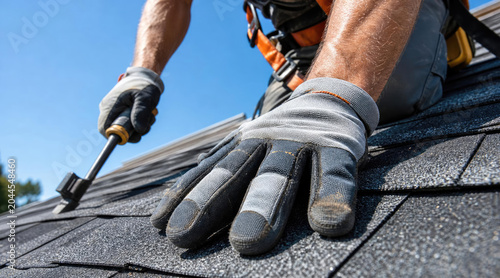 Roofer Installing Asphalt Shingles on a Residential Roof