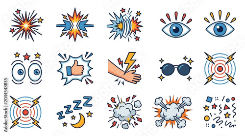 Collection of cartoon comic book style icons and symbols.