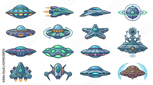 Foto Collection of cartoon flying saucers and alien spaceships.
