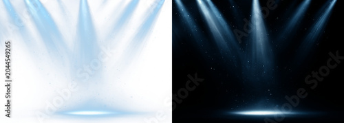 Six projectors emitting blue light downward on split background with transparent PNG and dark side. Dynamic stage lighting effect.