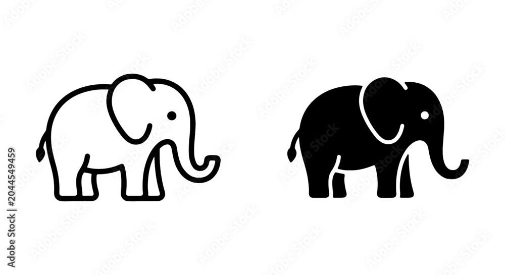 Fototapeta premium Elephant Icons: Simple Outline and Solid Silhouette Vector Art