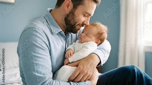 Middle age Caucasian father kissing sleeping newborn baby girl. Parent holding rocking child daughter son in hands. Authentic lifestyle parenting fatherhood moments. Single dad family home life.