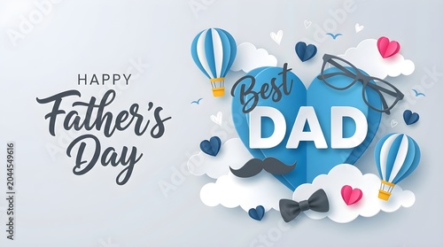 Happy Father's Day greeting card, banner, poster or flyer design with flying origami hearts over clouds with air balloons, paper mustache, glasses and bow tie. Paper art, digital craft style. 