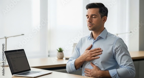 Man practicing breathwork in office. Employee taking deep breath to reduce stress at work. Mindfulness and relaxation exercise for mental health and focus during business day.
