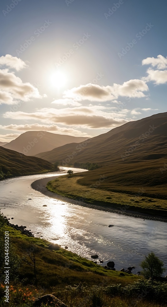 Fototapeta premium Serene River Flowing Through Mountains Landscape.