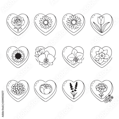 Delicate flower illustrations within heart outlines representing love and nature's beauty on white